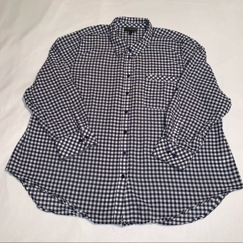 Lane Bryant Gingham Button Up Blouse Navy/White Size 28.